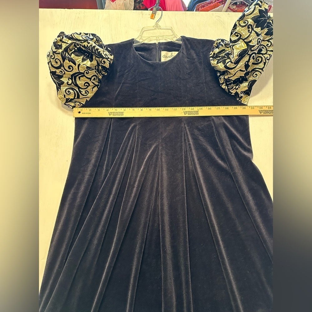 Vintage 80s David Brown Black Velvet Gold Puff Sleeve Evening Dress M - Picture 10 of 12